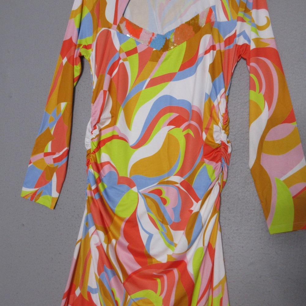 Boston Proper Dress Large Sequin Maxi Cut Out Ruche Psychedelic Colorful - Picture 3 of 14